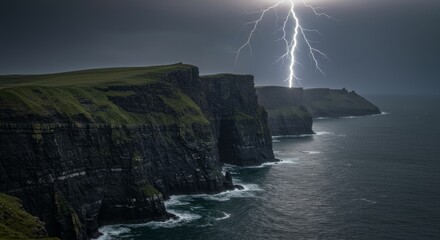 Dramatic Lightning Strike Over Coastal Cliffs