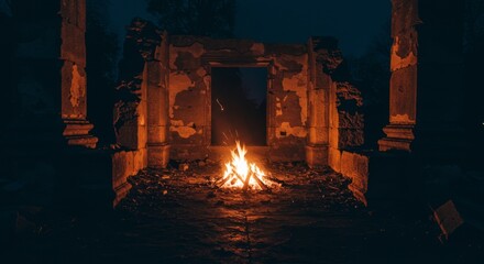 Night Fire in Ancient Ruins