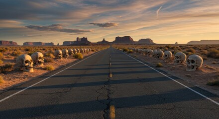 Skulls Line A Desert Road At Sunset, Monument Valley Landscape