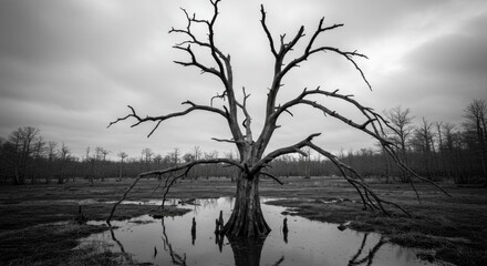 Dead Tree in a Swamp, Black and White Landscape