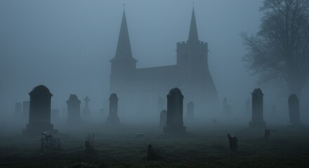 Foggy Graveyard with Gothic Church at Dusk
