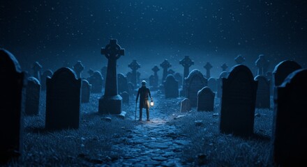 Silhouette of Man with Lantern in a Dark Night Cemetery