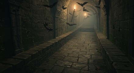 Dark Dungeon Tunnel with Flying Bats