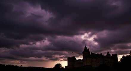 Silhouette of a Medieval Castle Under a Dramatic Stormy Sky