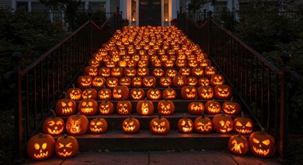 Numerous Lighted Jack-O'-Lanterns on Outdoor Steps at Night