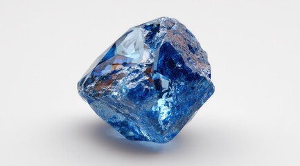 Fototapeta premium A digitally rendered, blue, faceted gemstone rests on a white background. Its surface displays a blend of polished and rough textures. Light reflects beautifully off its facets
