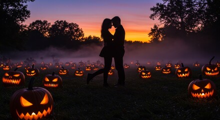 Silhouette Couple Kissing Amidst Glowing Jack-o'-lanterns at Sunset
