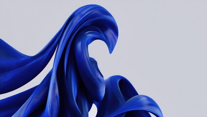 Abstract digital rendering of a flowing, deep blue fabric or liquid, swirling and twisting in dynamic motion against a muted gray background