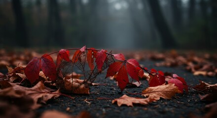 Red Vine and Autumn Leaves on Forest Path