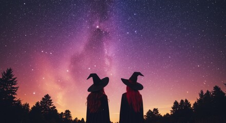 Two Witches Silhouetted Against a Starry Night Sky