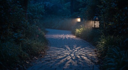 Night Garden Path Illuminated by Lanterns