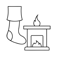 Black and white illustration of a christmas sock beside a warm fireplace and flames.