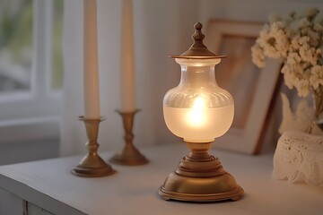 A glowing lamp and two candles on a white surface with flowers and a picture frame in the background