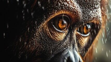 Orangutan Eye Close-Up, Intense Gaze in Rain, Wildlife Conservation Image
