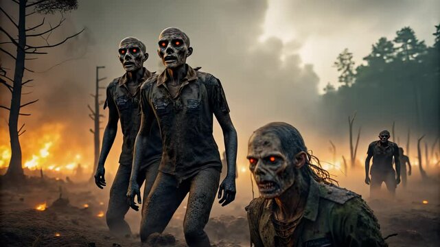 A horde of terrifying zombies emerges from fiery apocalyptic landscape, showcasing intense horror and survival themes in a post-apocalyptic setting with burning trees and ominous smoke.