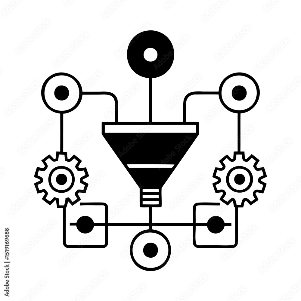 Poster abstract funnel and gears icon representing data processing and information flow