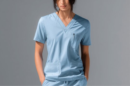 Woman models light blue medical scrubs against a gray background in a studio shot for advertising