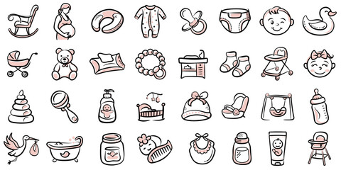 Baby-themed doodles icons featuring toys, clothes, and accessories  