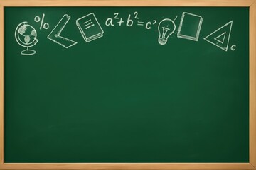 Fototapeta premium Back to School Education: The image portrays a traditional chalkboard in a classroom setting, offering ample space for text, adorned with a range of educational symbols.