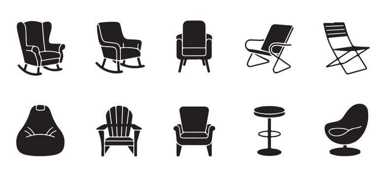 A set of simple, black and white silhouettes of various chairs, including rocking chairs, armchairs, a bean bag, adirondack chairs, bar stools, and a modern chair.