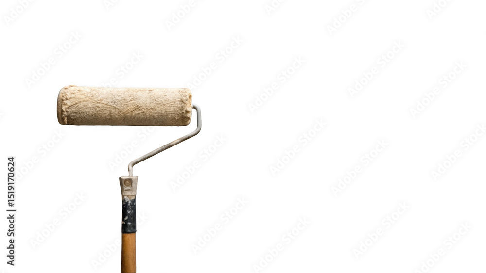 Poster old and used paint roller with dried paint remnants, isolated on a transparent background, ready for