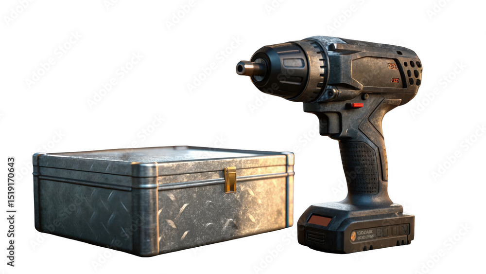 Aufkleber cordless drill and metal toolbox isolated on transparent background, creating a professional and rea