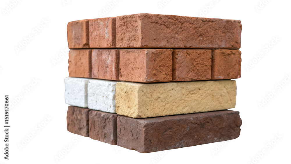 Poster four colorful bricks stacked together, featuring a range of textures and hues from white to dark bro