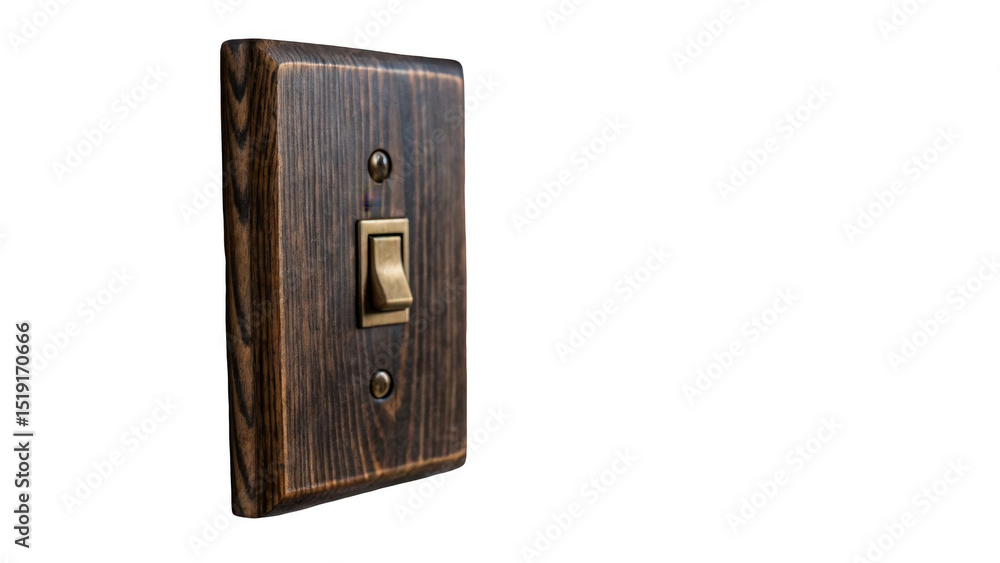 Poster close up of a rustic wooden light switch featuring a brass toggle, set against a transparent backgro