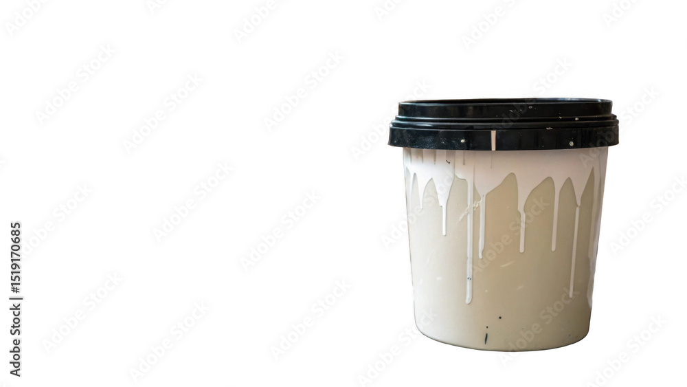 Aufkleber white paint bucket with black lid and visible drips, set against a transparent background. ideal for