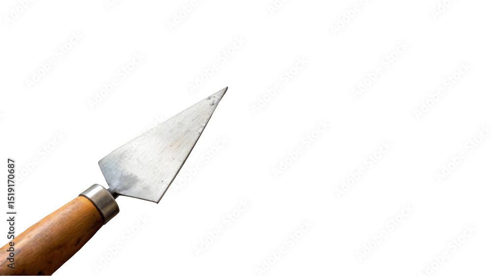 Poster close up of a sharp metal spearhead attached to a wooden handle, isolated on a transparent backgroun