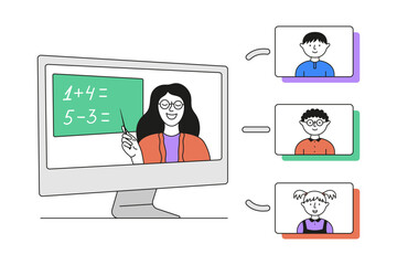 Vector illustration of an online lesson with a teacher on a computer screen pointing at a school board with examples. Students are watching and learning remotely in a virtual classroom.