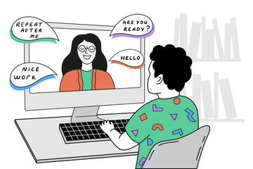 Vector illustration of an online English lesson. A teacher is visible on the computer screen, while a student sits at a desk listening and learning.