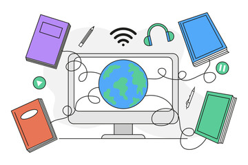 Flat vector illustration of online education. Computer with globe on screen surrounded by books. Symbol of connection between traditional and digital learning.