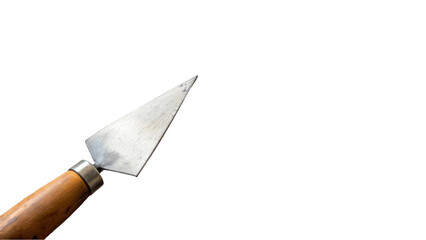 Close up of a sharp metal spearhead attached to a wooden handle, isolated on a transparent background. The image highlights the craftsmanship and design of traditional hunting tools