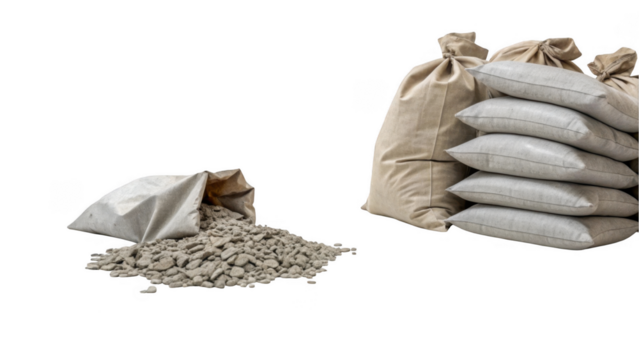 Cement bags neatly stacked alongside an open bag spilling gravel, isolated on a transparent background. Ideal for construction and industrial themes