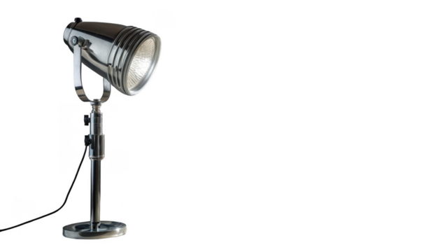 Chrome desk lamp with adjustable height and direction shining its light on a transparent background, perfect for easy compositing into any project