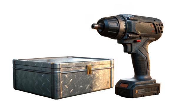 Cordless drill and metal toolbox isolated on transparent background, creating a professional and ready to work atmosphere, perfect for construction or diy projects