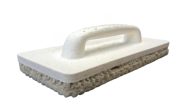 Close up of a white grout float tool featuring a sturdy handle and textured base, isolated on a transparent background, ideal for construction and tiling concepts