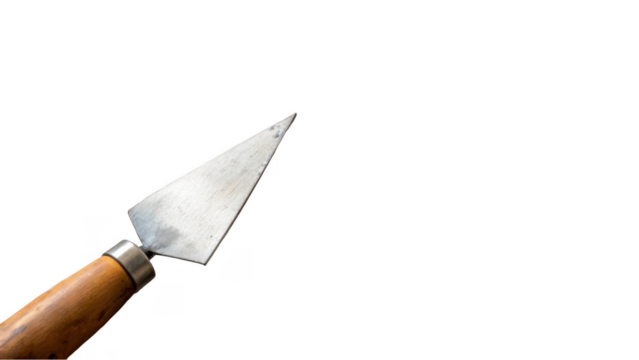 Close up of a sharp metal spearhead attached to a wooden handle, isolated on a transparent background. The image highlights the craftsmanship and design of traditional hunting tools