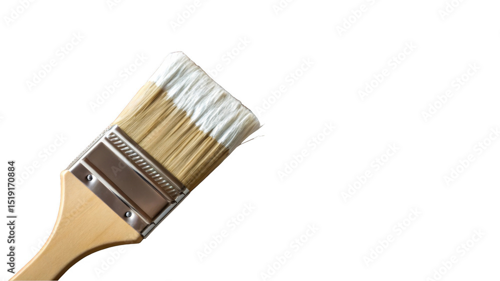 Poster new paintbrush featuring clean bristles and a wooden handle, filled with fresh white paint, position