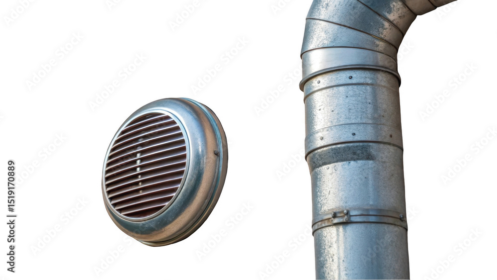 Poster industrial ventilation system featuring a round vent and connected ductwork against a transparent ba