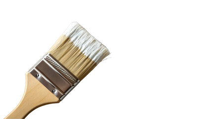 New paintbrush featuring clean bristles and a wooden handle, filled with fresh white paint, positioned on a transparent background, ideal for seamless integration into design projects