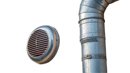 Industrial ventilation system featuring a round vent and connected ductwork against a transparent background. Highlighting the importance of air circulation in industrial environments