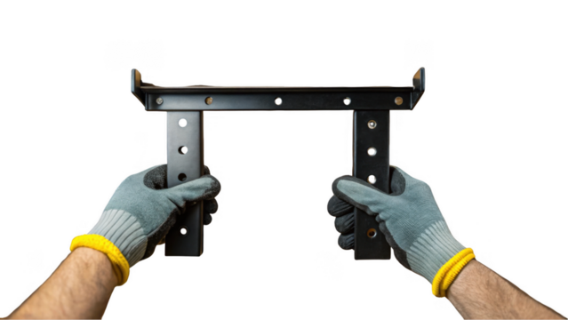 Construction worker wearing protective gloves is holding two black metal brackets with holes, isolated on transparent background, ready for mounting and assembly