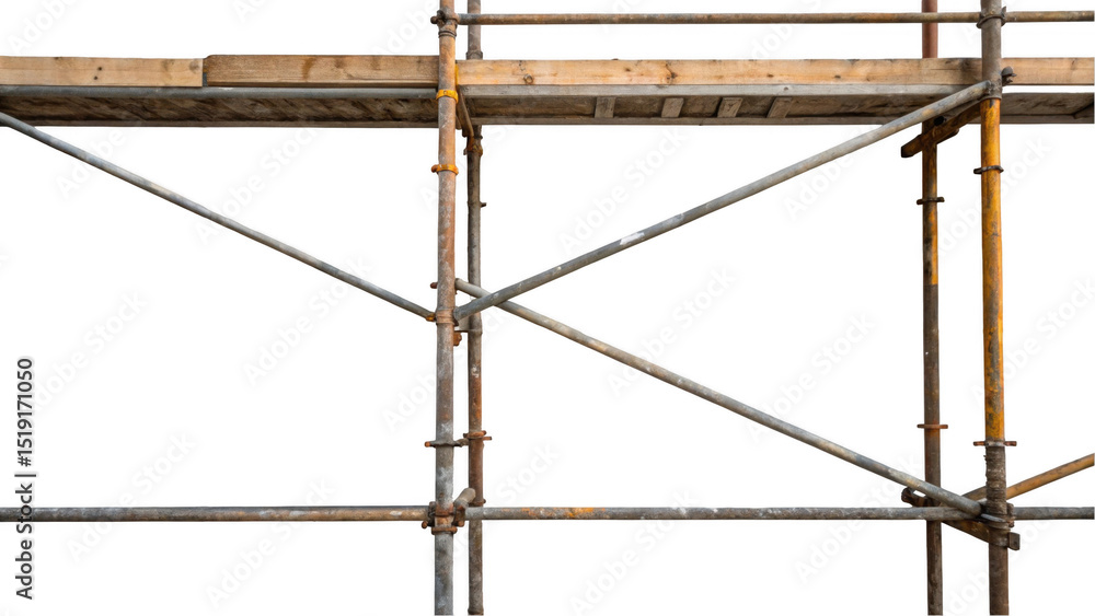 Poster Detailed view of metal scaffolding framework with intersecting pipes and wooden planks, set against a transparent background, highlighting construction and engineering concepts