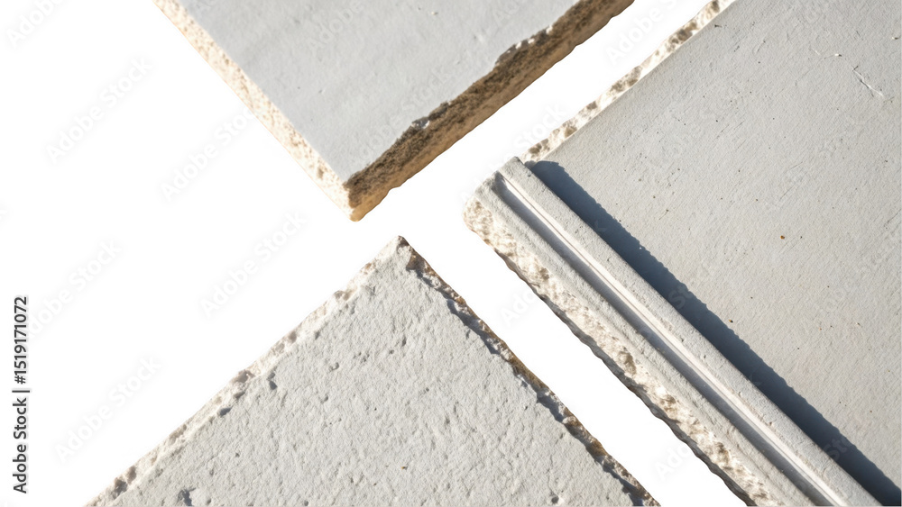 Poster plasterboard panels, captured on a transparent background, are arranged to form an abstract composit