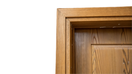 Close up of a varnished wooden door frame, showcasing the wood grain and construction details, isolated on a transparent background, perfect for architectural visualizations or design projects