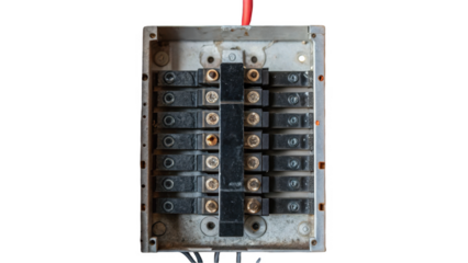 Close up of an old, dusty fuse box revealing its internal components, including fuses, wires, and connections, set against a transparent background