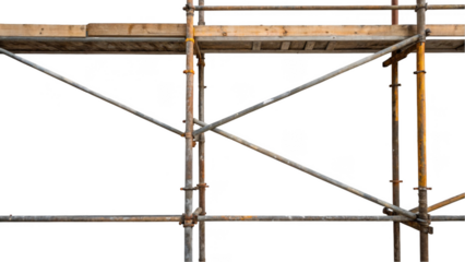 Detailed view of metal scaffolding framework with intersecting pipes and wooden planks, set against a transparent background, highlighting construction and engineering concepts