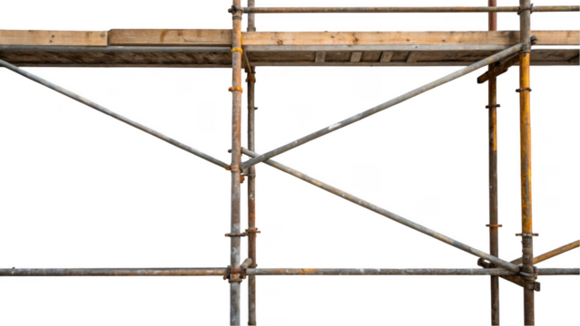 Detailed view of metal scaffolding framework with intersecting pipes and wooden planks, set against a transparent background, highlighting construction and engineering concepts - Powered by Adobe